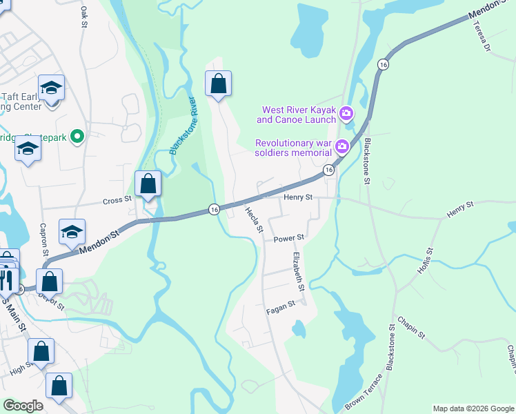 map of restaurants, bars, coffee shops, grocery stores, and more near 250 Mendon Street in Uxbridge