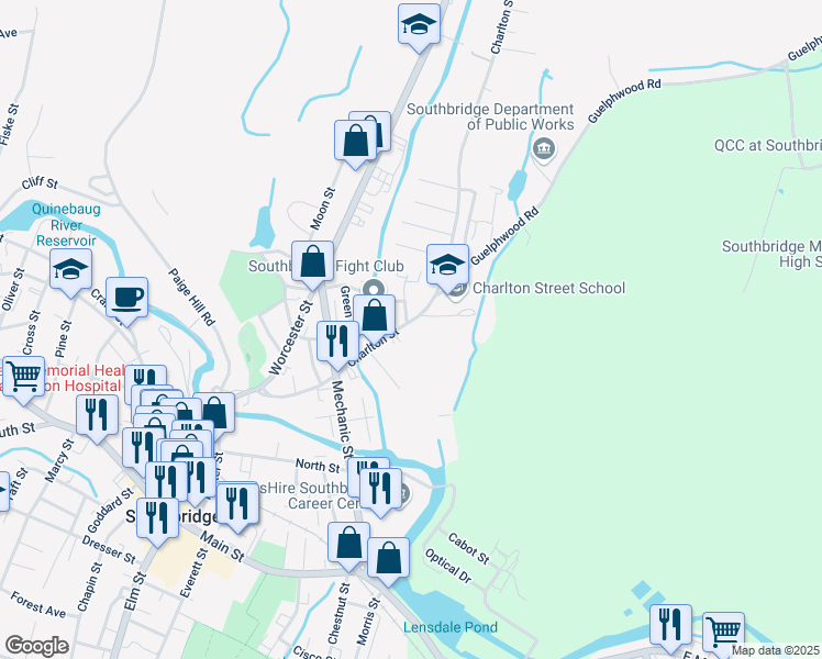 map of restaurants, bars, coffee shops, grocery stores, and more near 199 Charlton Street in Southbridge
