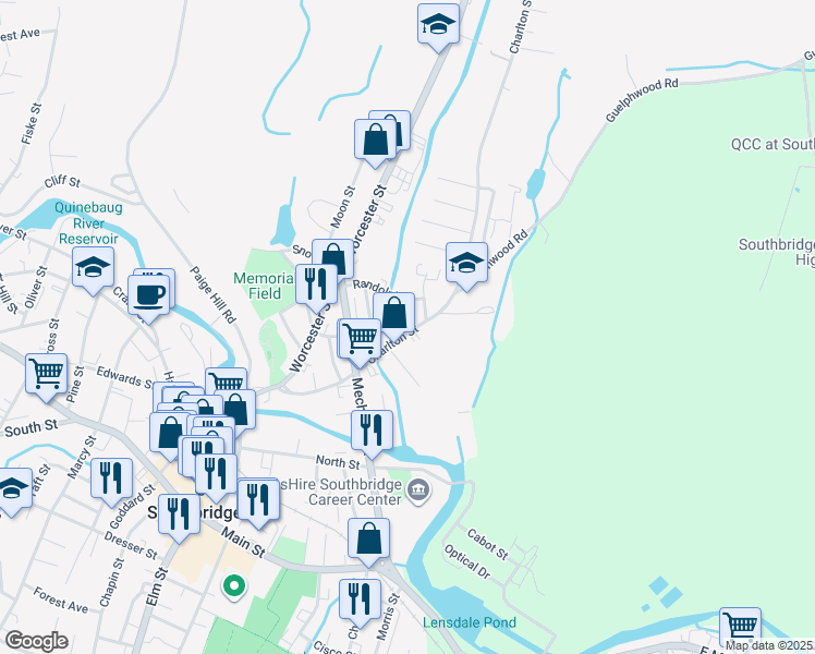 map of restaurants, bars, coffee shops, grocery stores, and more near 26 Liberty Street in Southbridge