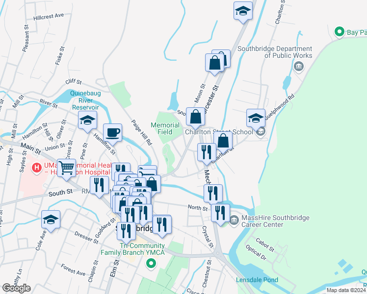 map of restaurants, bars, coffee shops, grocery stores, and more near 1-45 Henry Street in Southbridge