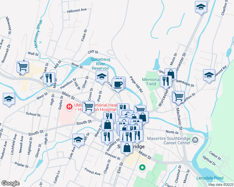 map of restaurants, bars, coffee shops, grocery stores, and more near 256 Hamilton Street in Southbridge
