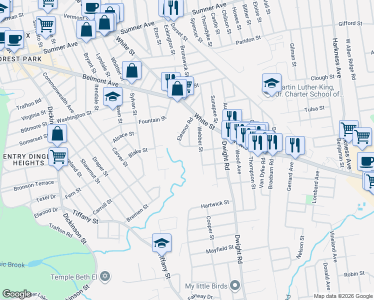 map of restaurants, bars, coffee shops, grocery stores, and more near 42 Ruskin Street in Springfield