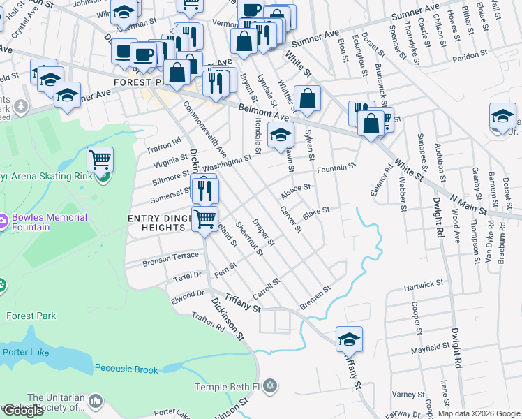 map of restaurants, bars, coffee shops, grocery stores, and more near 107 Fountain Street in Springfield