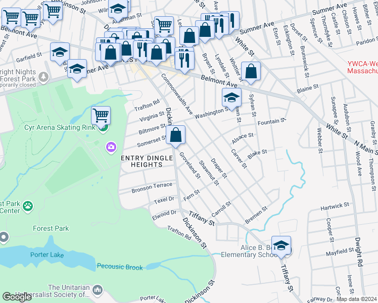 map of restaurants, bars, coffee shops, grocery stores, and more near 46-48 Shawmut Street in Springfield