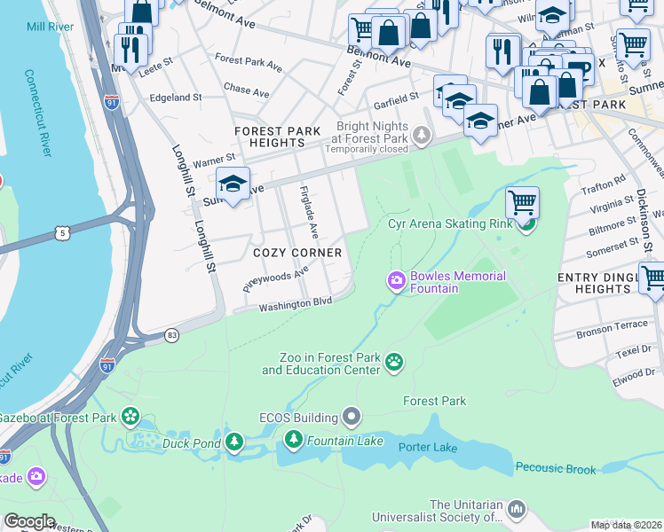 map of restaurants, bars, coffee shops, grocery stores, and more near 151 Pineywoods Avenue in Springfield