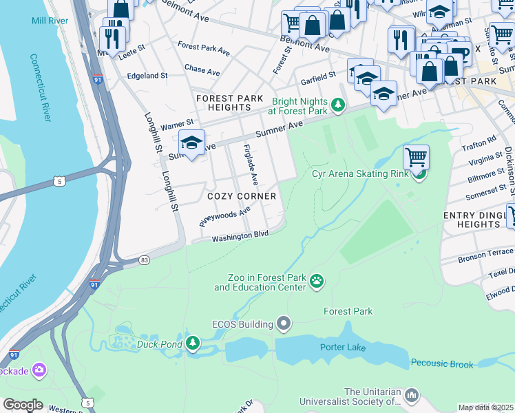 map of restaurants, bars, coffee shops, grocery stores, and more near 151 Pineywoods Avenue in Springfield