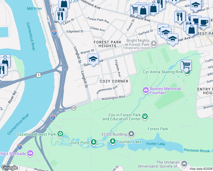 map of restaurants, bars, coffee shops, grocery stores, and more near 19 Florentine Gardens in Springfield