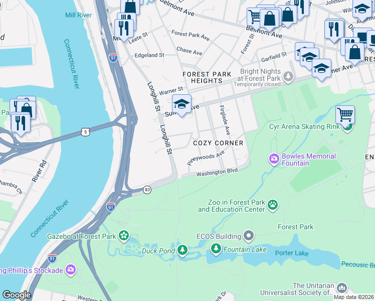 map of restaurants, bars, coffee shops, grocery stores, and more near 35 Spruceland Avenue in Springfield