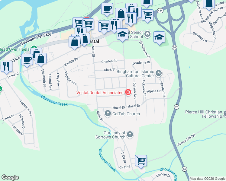 map of restaurants, bars, coffee shops, grocery stores, and more near 135 Hawthorne Street in Vestal