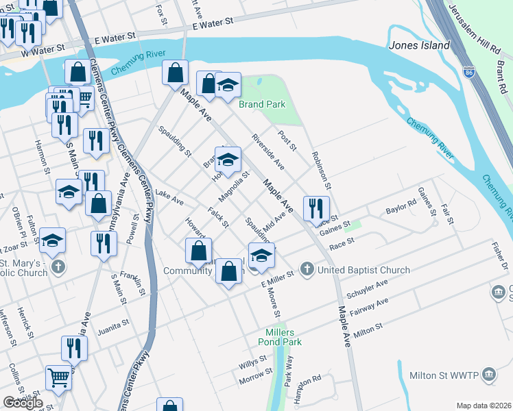 map of restaurants, bars, coffee shops, grocery stores, and more near 309 Home Street in Elmira