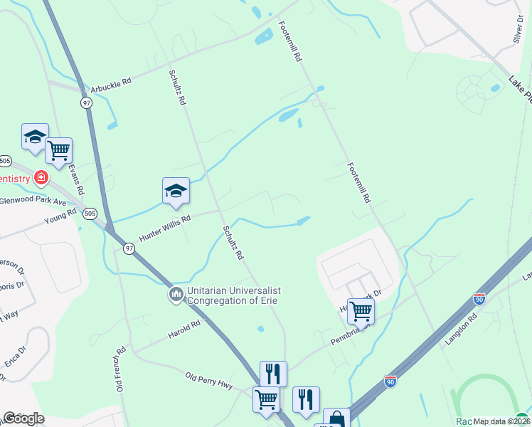 map of restaurants, bars, coffee shops, grocery stores, and more near 6031 Schultz Road in Erie