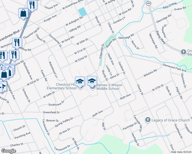 map of restaurants, bars, coffee shops, grocery stores, and more near 5318 Mill St in Erie