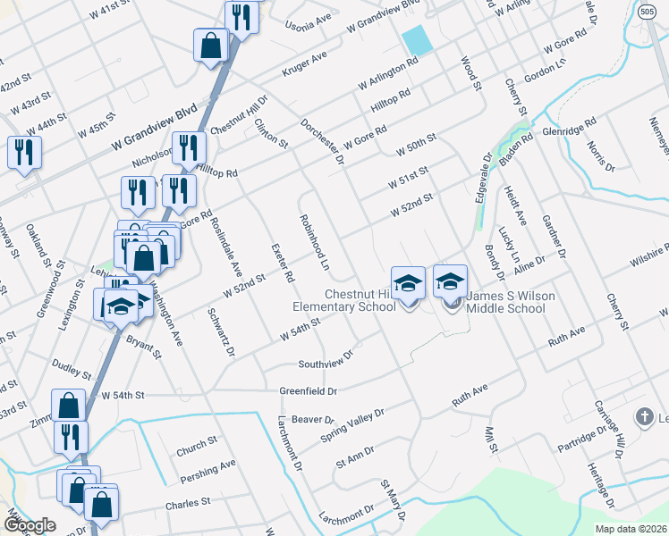 map of restaurants, bars, coffee shops, grocery stores, and more near 5203 Robinhood Lane in Erie