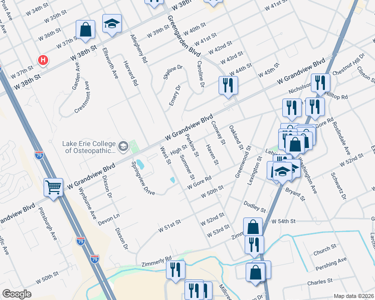map of restaurants, bars, coffee shops, grocery stores, and more near 4626 Perkins Street in Erie
