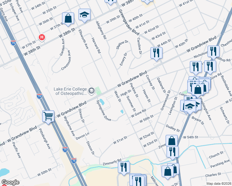 map of restaurants, bars, coffee shops, grocery stores, and more near 1837 West Grandview Boulevard in Erie