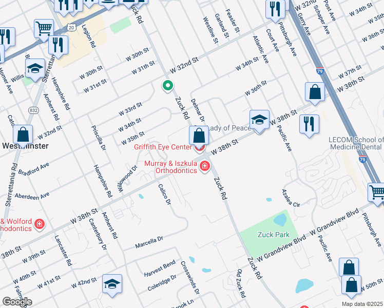 map of restaurants, bars, coffee shops, grocery stores, and more near 3714 Zuck Road in Erie