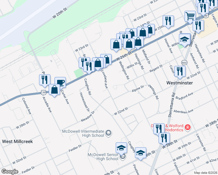map of restaurants, bars, coffee shops, grocery stores, and more near 2713 Loveland Ave in Erie