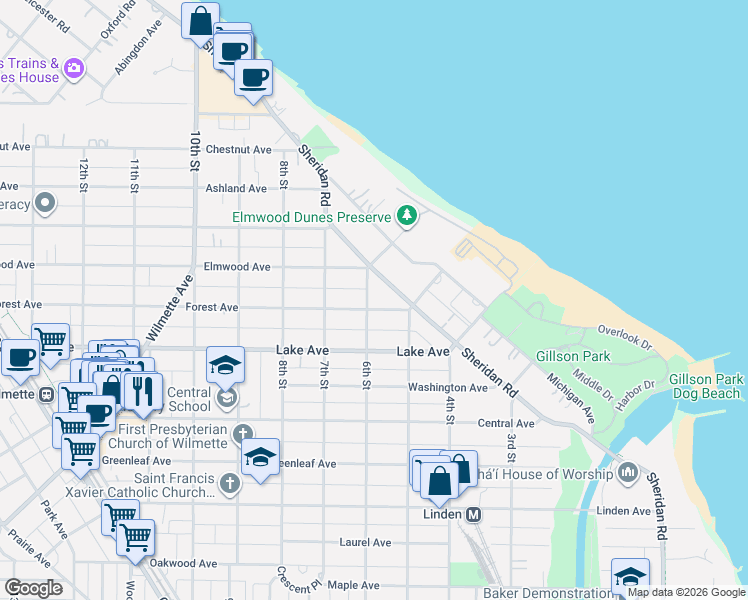 map of restaurants, bars, coffee shops, grocery stores, and more near 1028 Sheridan Road in Wilmette