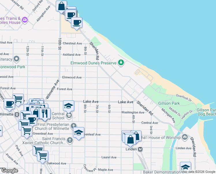 map of restaurants, bars, coffee shops, grocery stores, and more near 611 Elmwood Avenue in Wilmette