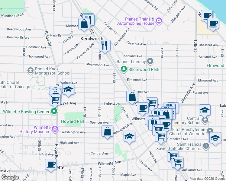 map of restaurants, bars, coffee shops, grocery stores, and more near 920 15th Street in Wilmette