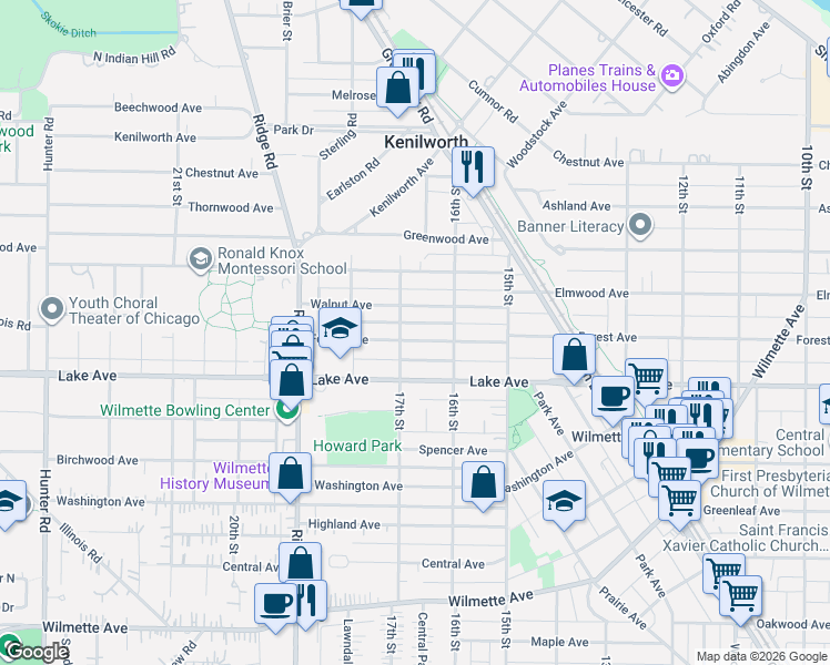 map of restaurants, bars, coffee shops, grocery stores, and more near 1639 Walnut Avenue in Wilmette