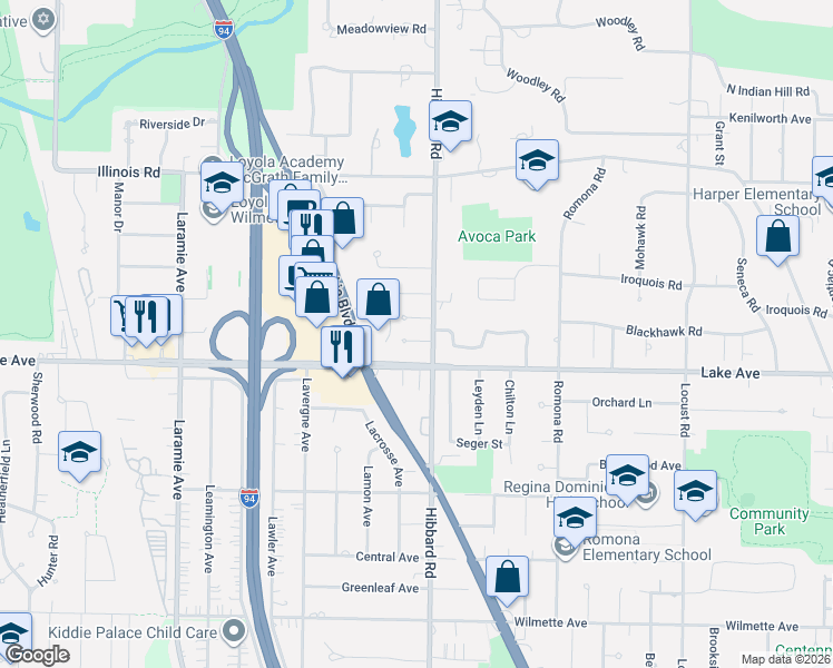 map of restaurants, bars, coffee shops, grocery stores, and more near 3118 Cranston Court in Wilmette