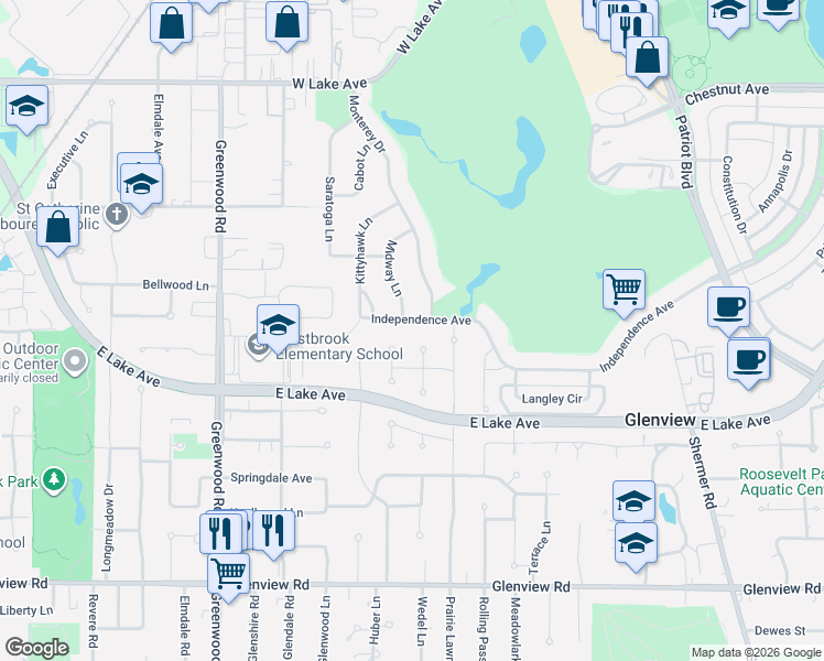 map of restaurants, bars, coffee shops, grocery stores, and more near 1416 Midway Lane in Glenview