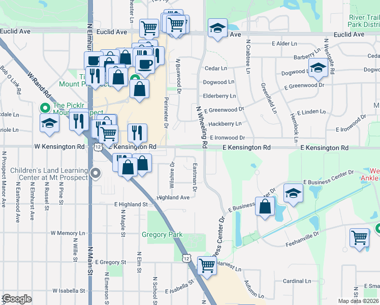 map of restaurants, bars, coffee shops, grocery stores, and more near 914 North Wheeling Road in Mount Prospect