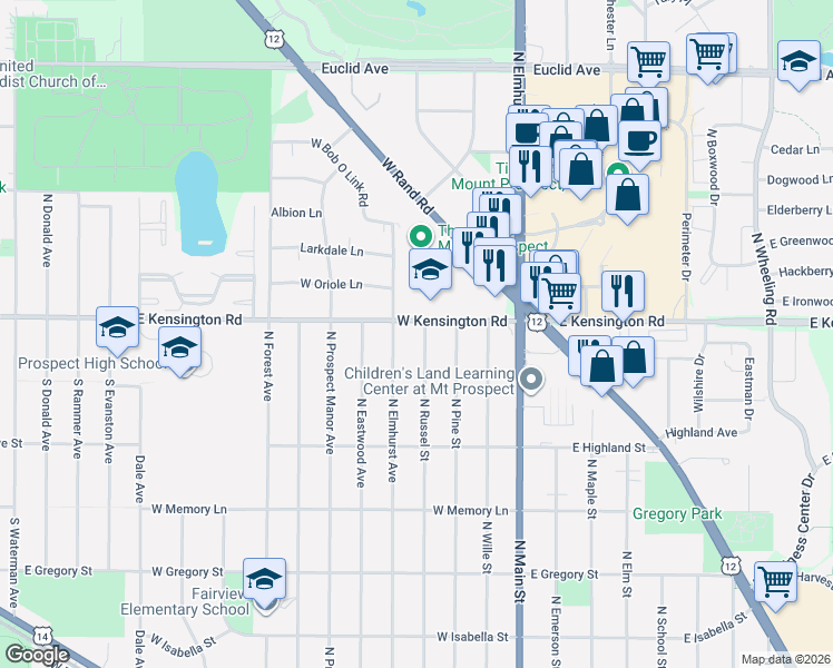 map of restaurants, bars, coffee shops, grocery stores, and more near 300 West Kensington Road in Mount Prospect