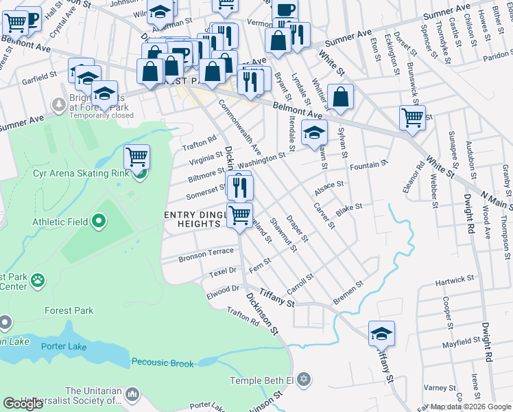 map of restaurants, bars, coffee shops, grocery stores, and more near 46-48 Shawmut Street in Springfield