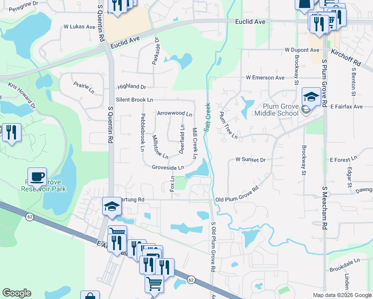 map of restaurants, bars, coffee shops, grocery stores, and more near 2704 Deerfield Lane in Rolling Meadows