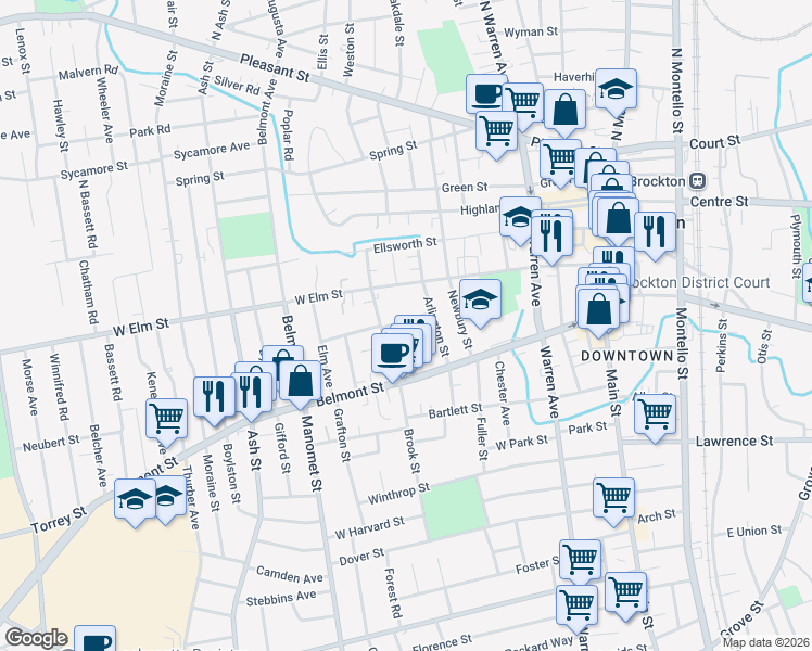 map of restaurants, bars, coffee shops, grocery stores, and more near 24 Columbia Street in Brockton
