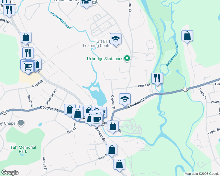 map of restaurants, bars, coffee shops, grocery stores, and more near 46 Capron Street in Uxbridge