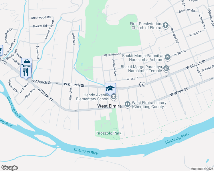 map of restaurants, bars, coffee shops, grocery stores, and more near 2-362 Albermarle Avenue in Elmira