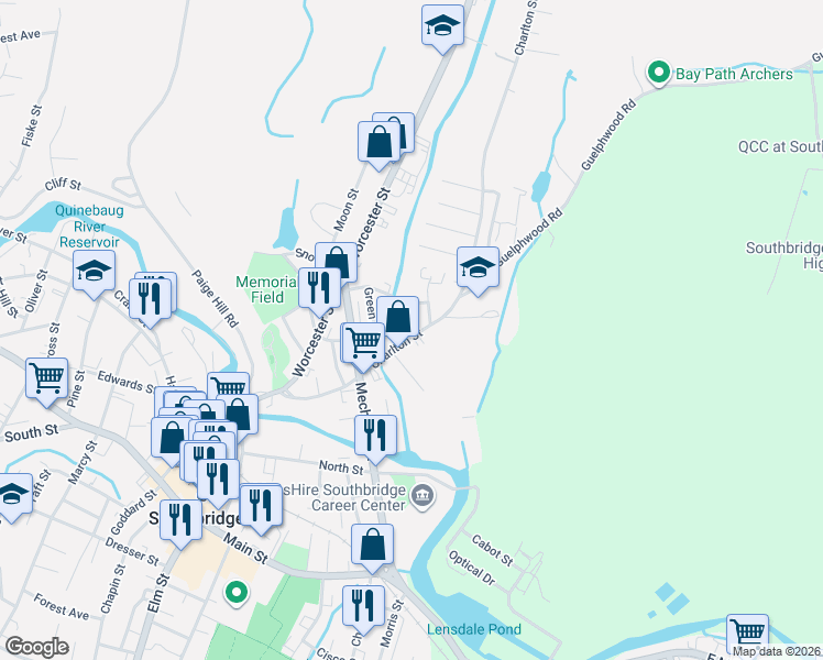map of restaurants, bars, coffee shops, grocery stores, and more near 26 Liberty Street in Southbridge