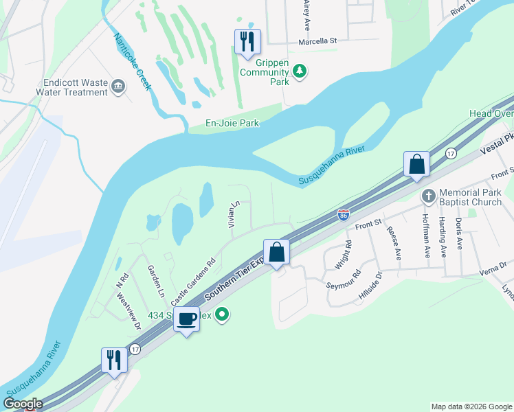 map of restaurants, bars, coffee shops, grocery stores, and more near 240 Loretta Lane in Vestal