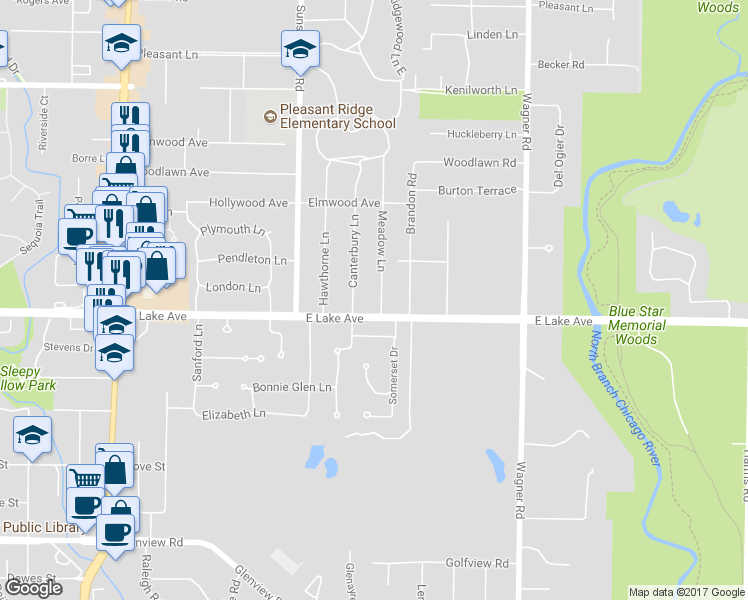 map of restaurants, bars, coffee shops, grocery stores, and more near 1406 Meadow Lane in Glenview