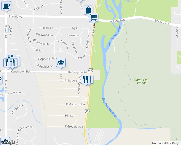map of restaurants, bars, coffee shops, grocery stores, and more near River Rd & Kensington Rd in Mt Prospect