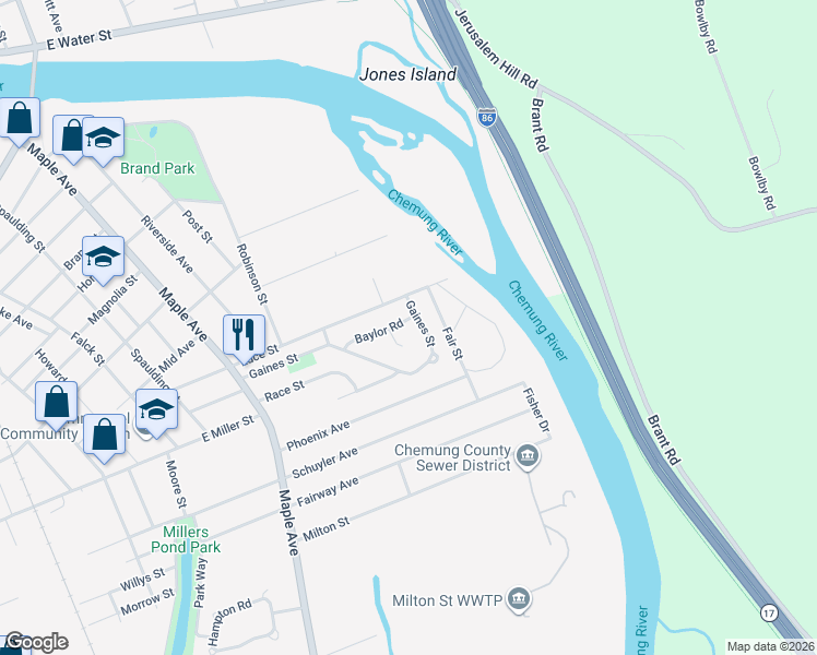 map of restaurants, bars, coffee shops, grocery stores, and more near 534 Luce Street in Elmira