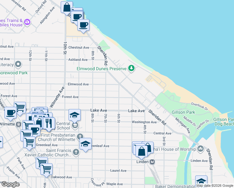 map of restaurants, bars, coffee shops, grocery stores, and more near 611 Elmwood Avenue in Wilmette