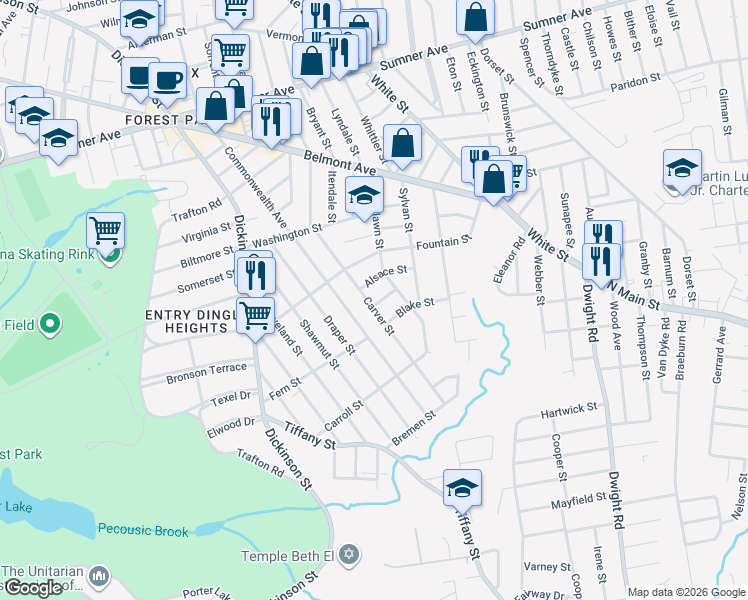 map of restaurants, bars, coffee shops, grocery stores, and more near 17 Alsace Street in Springfield