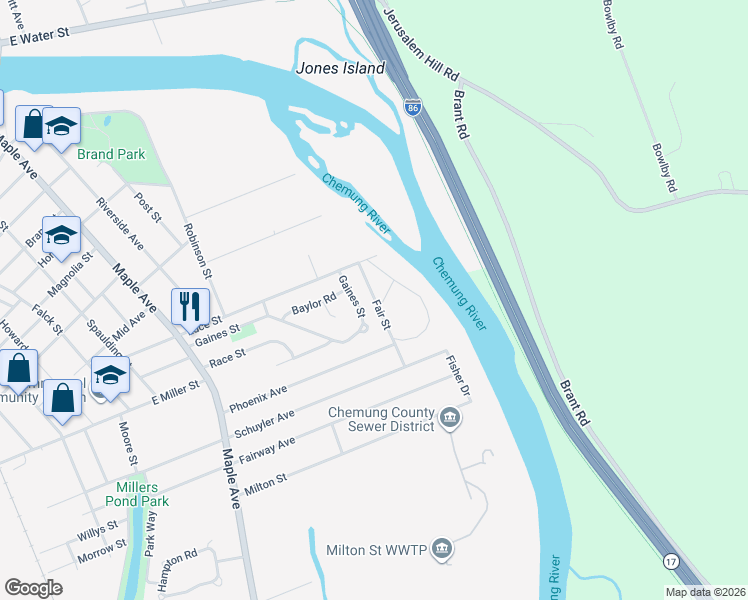 map of restaurants, bars, coffee shops, grocery stores, and more near Fair Street in Elmira