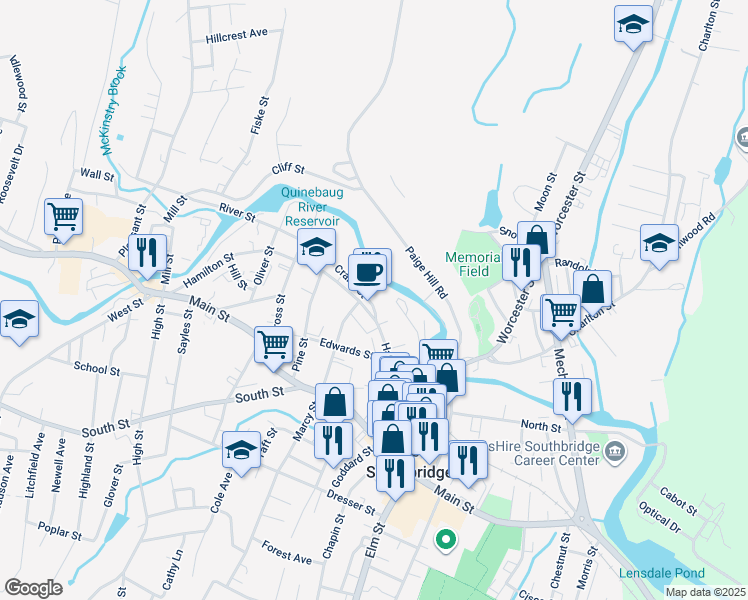 map of restaurants, bars, coffee shops, grocery stores, and more near 12 Crane Street in Southbridge