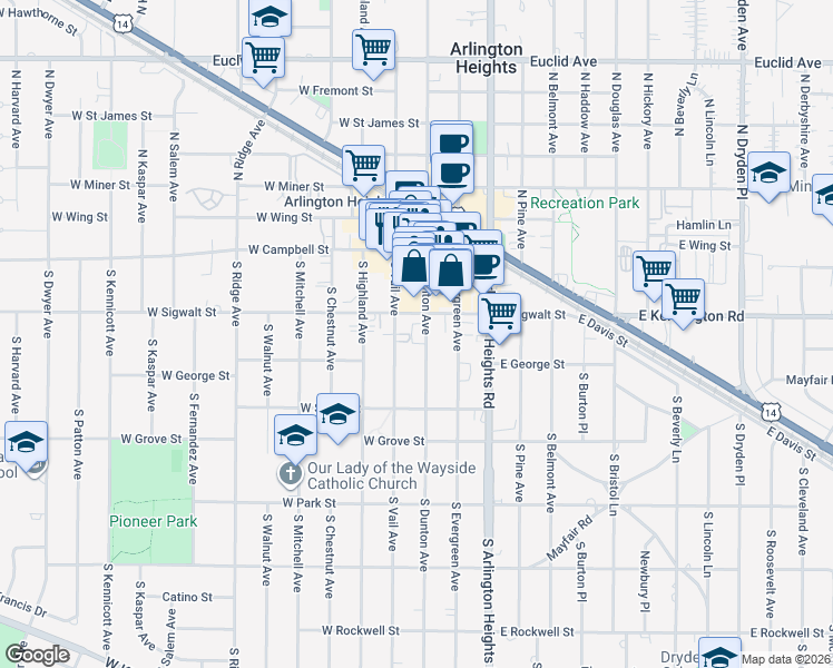 map of restaurants, bars, coffee shops, grocery stores, and more near 105 South Vail Avenue in Arlington Heights