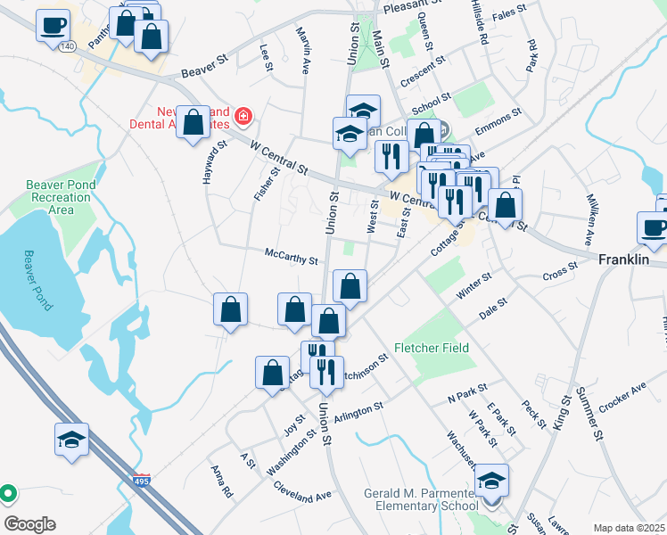 map of restaurants, bars, coffee shops, grocery stores, and more near 256 Union Street in Franklin