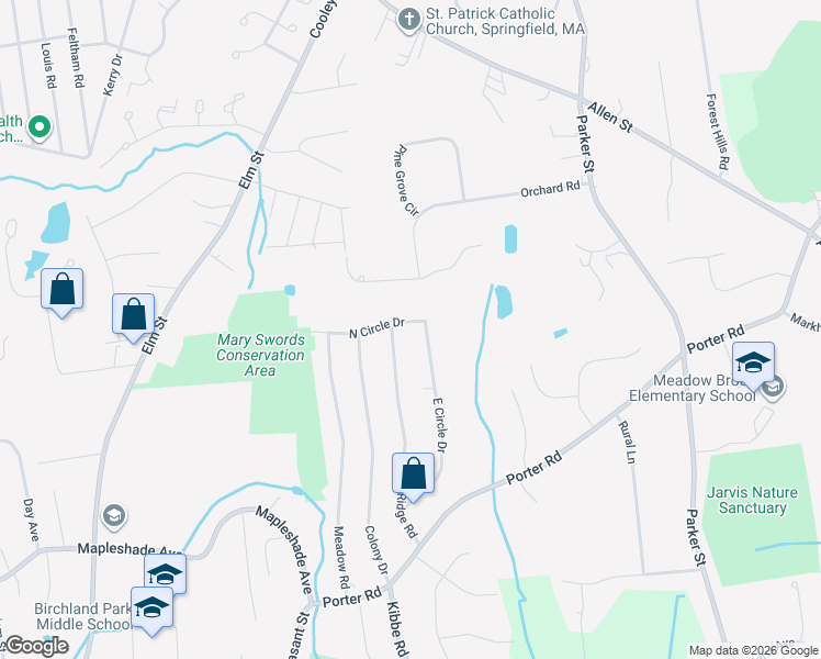 map of restaurants, bars, coffee shops, grocery stores, and more near 65 North Circle Drive in East Longmeadow