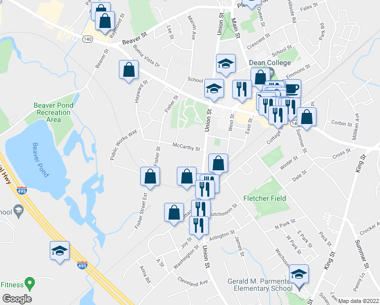map of restaurants, bars, coffee shops, grocery stores, and more near 19 McCarthy Street in Franklin