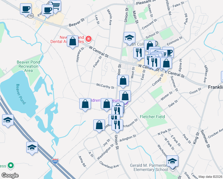 map of restaurants, bars, coffee shops, grocery stores, and more near 16 McCarthy Street in Franklin
