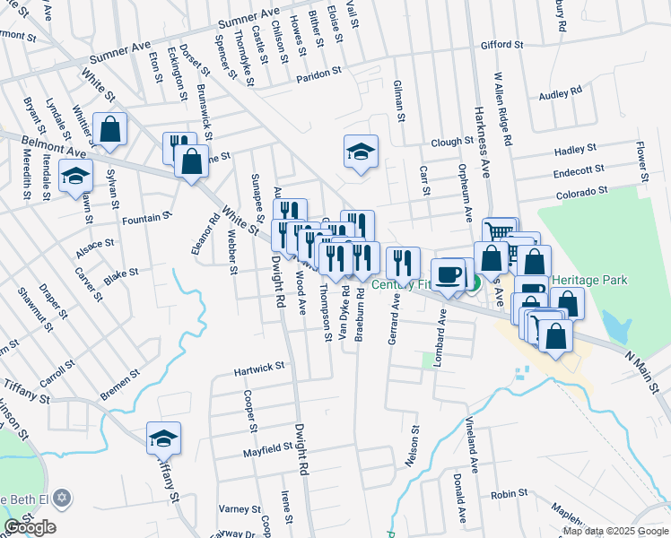map of restaurants, bars, coffee shops, grocery stores, and more near 5 Granby Street in Springfield