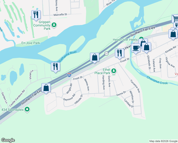 map of restaurants, bars, coffee shops, grocery stores, and more near 682-1598 Vestal Parkway West in Vestal